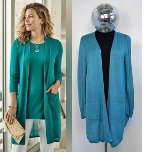 J. Jill Teal Linen Blend Longline Open Front Cardigan, Petite Medium Coastal‎